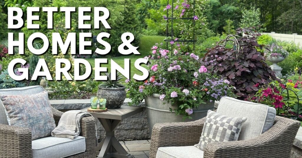 porch in spring with the text better homes and gardens